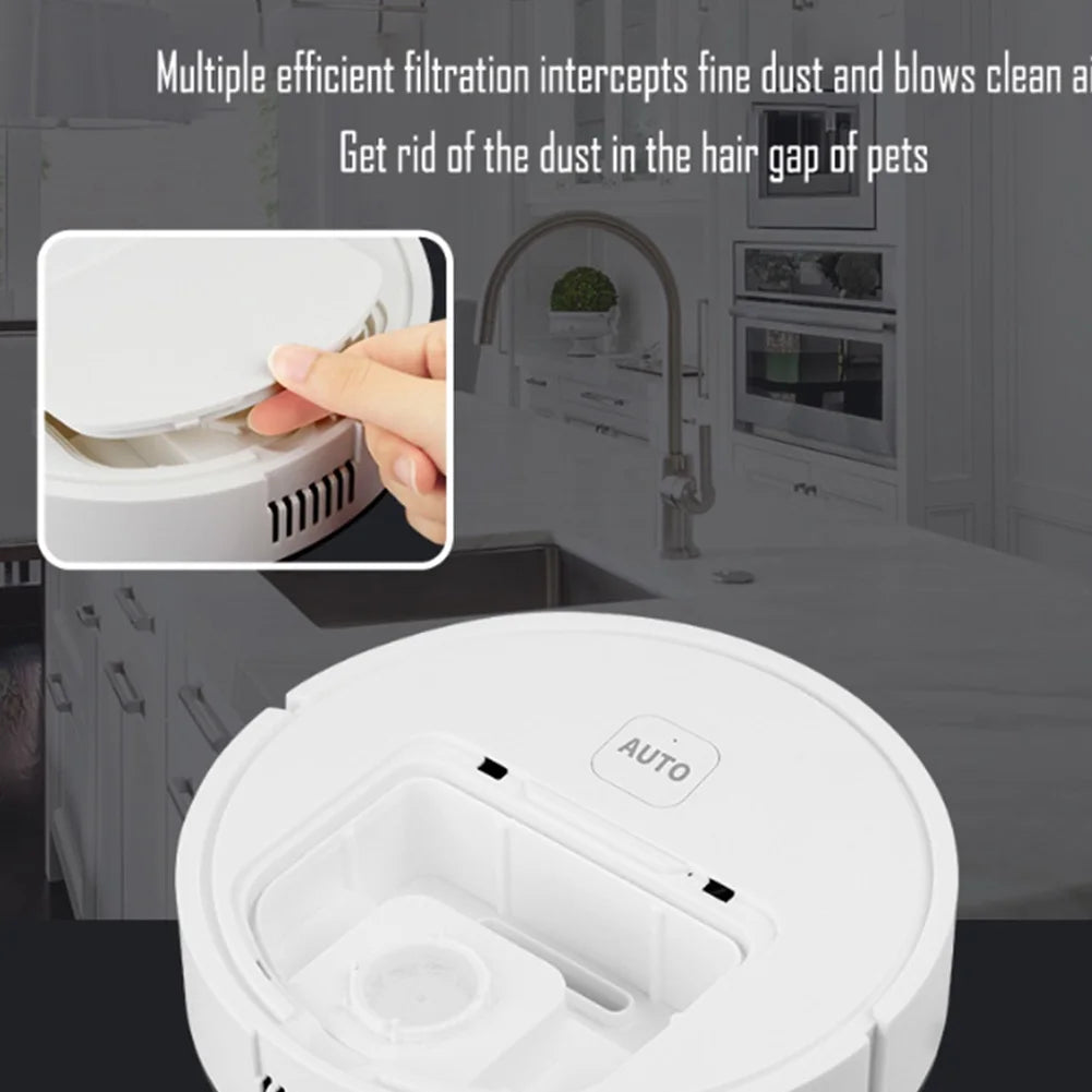 Close-up of a white robotic vacuum with an open dustbin compartment and an "AUTO" button.