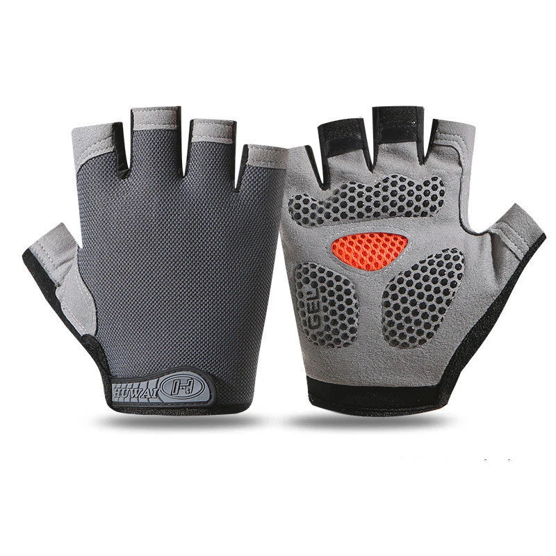 Grey fingerless cycling gloves with black mesh backs, gel-padded palms, and orange detail.