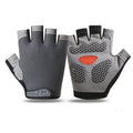 Grey fingerless cycling gloves with black mesh backs, gel-padded palms, and orange detail.
