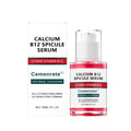 Calcium B12 Spicule Serum in a 30ml clear pump bottle with bright pink liquid and matching white and red box.