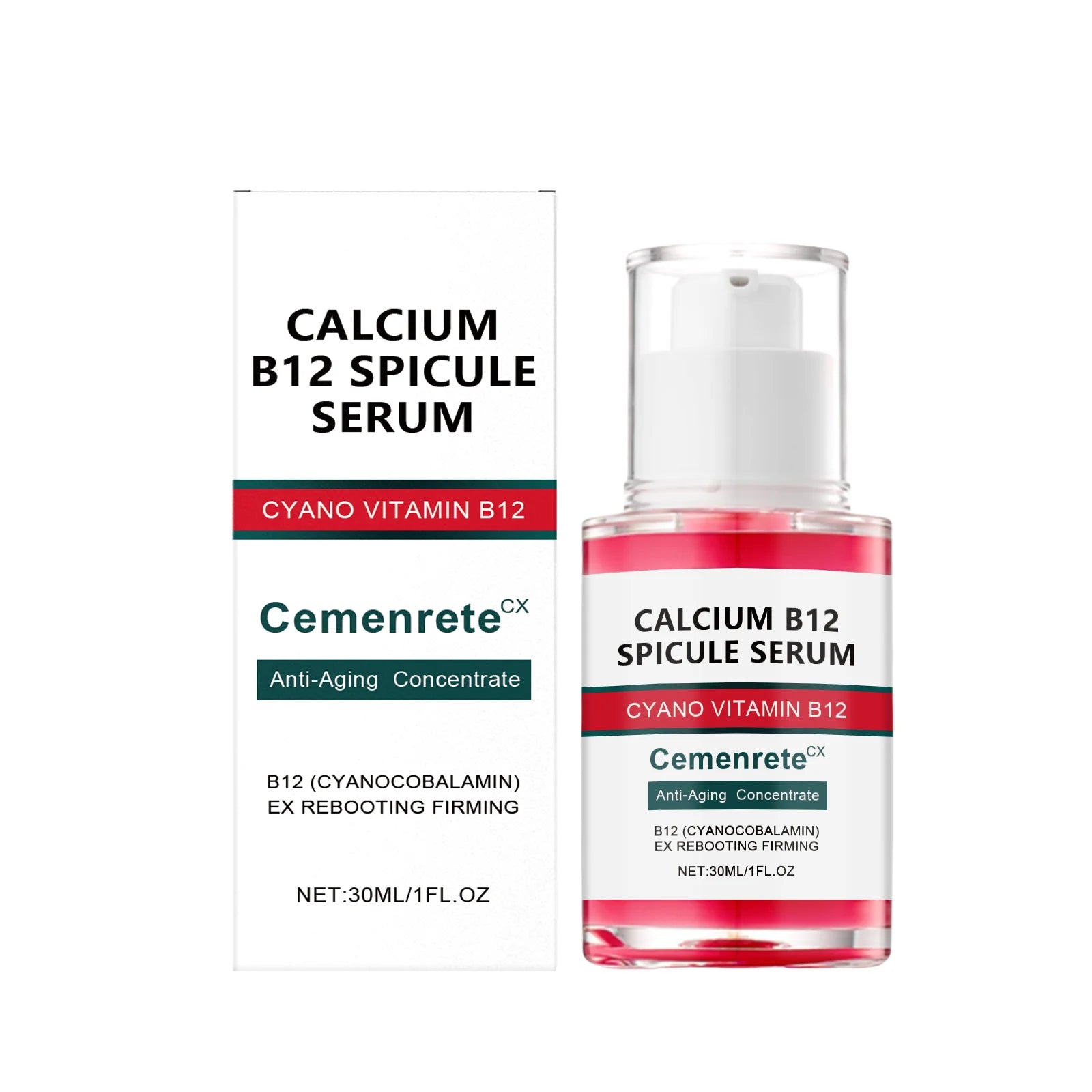 Calcium B12 Spicule Serum in a 30ml clear pump bottle with bright pink liquid and matching white and red box.