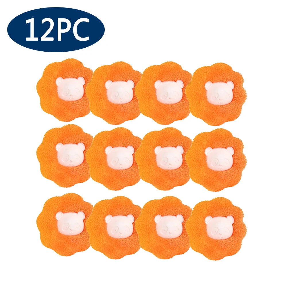 A pack of 12 orange, flower-shaped scouring sponges with a central pink panda face design.