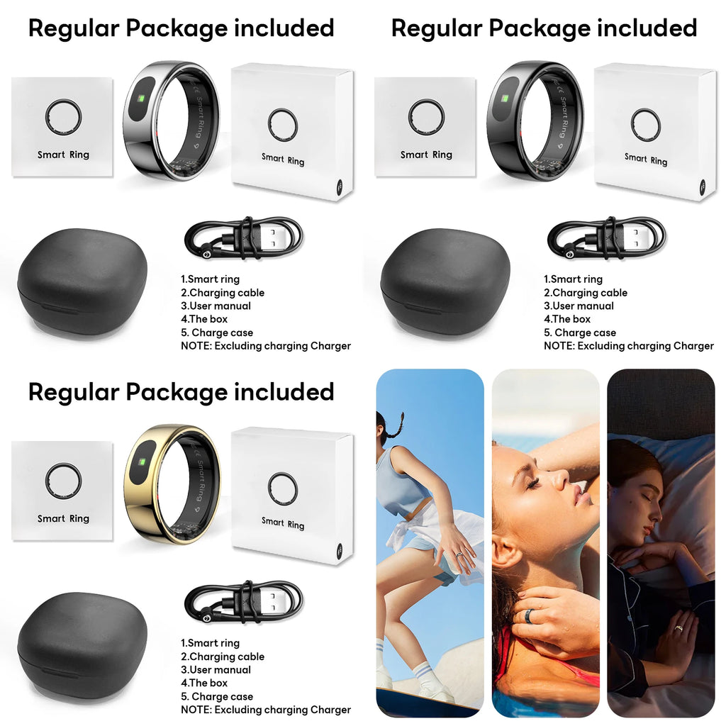 Smart fitness rings in silver, black, and gold, shown with charging case, cable, and lifestyle usage imagery.