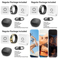 Smart fitness rings in silver, black, and gold, shown with charging case, cable, and lifestyle usage imagery.