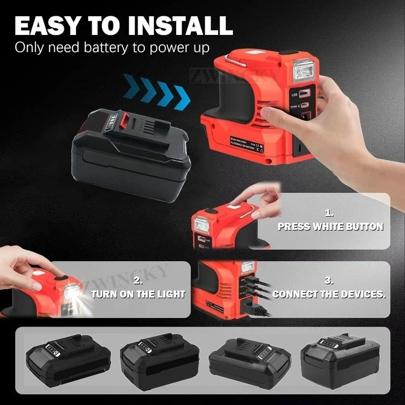 Orange 180W power inverter with LED light, USB, and Type-C ports, compatible with 18V batteries.