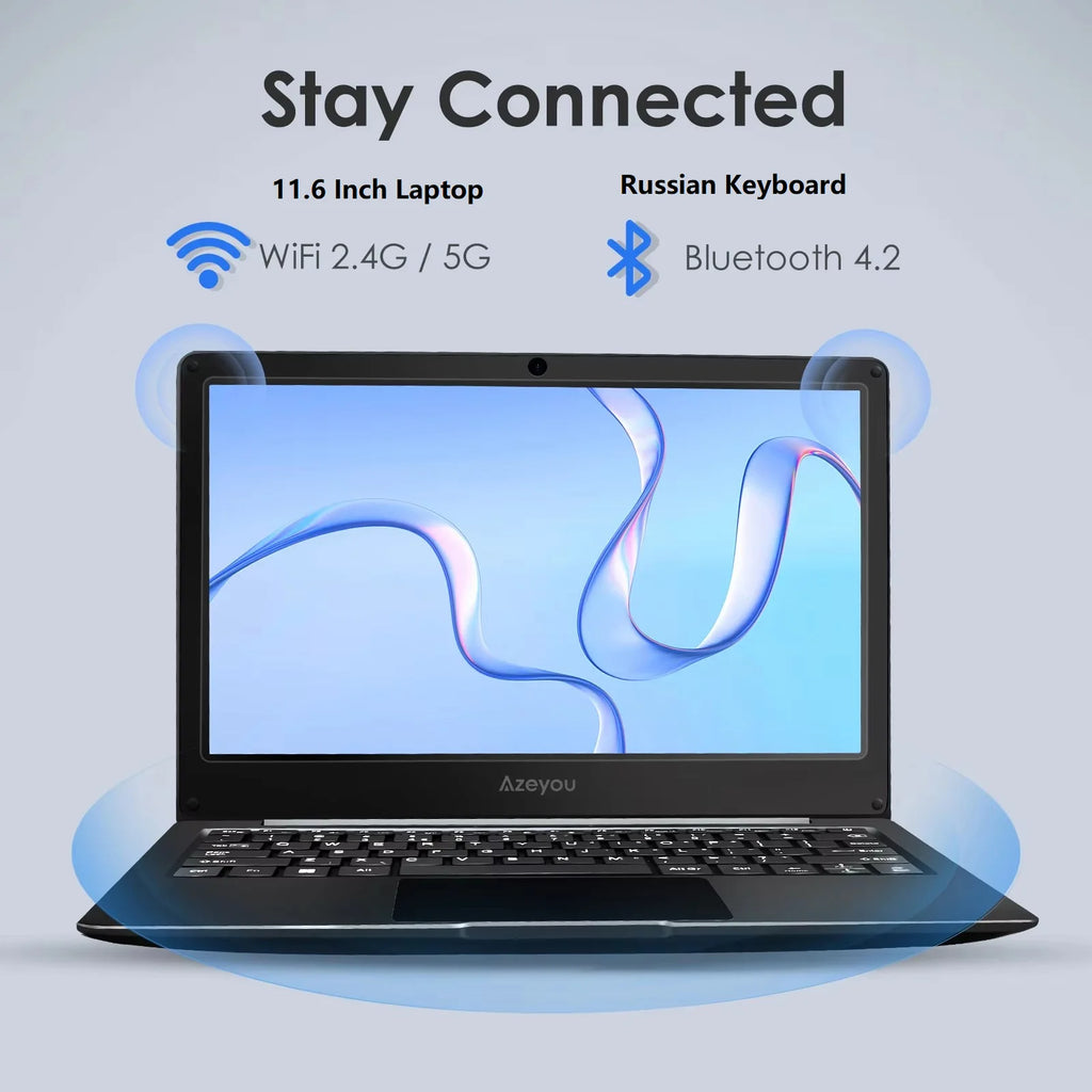 Slim 11.6-inch black laptop with a sleek design, featuring Wi-Fi, Bluetooth, and a Russian keyboard layout.