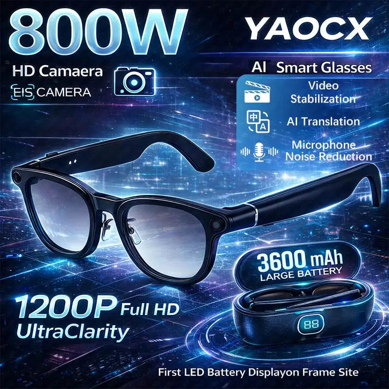 Sleek black smart glasses featuring built-in HD camera, video stabilisation, AI translation and a charging case.