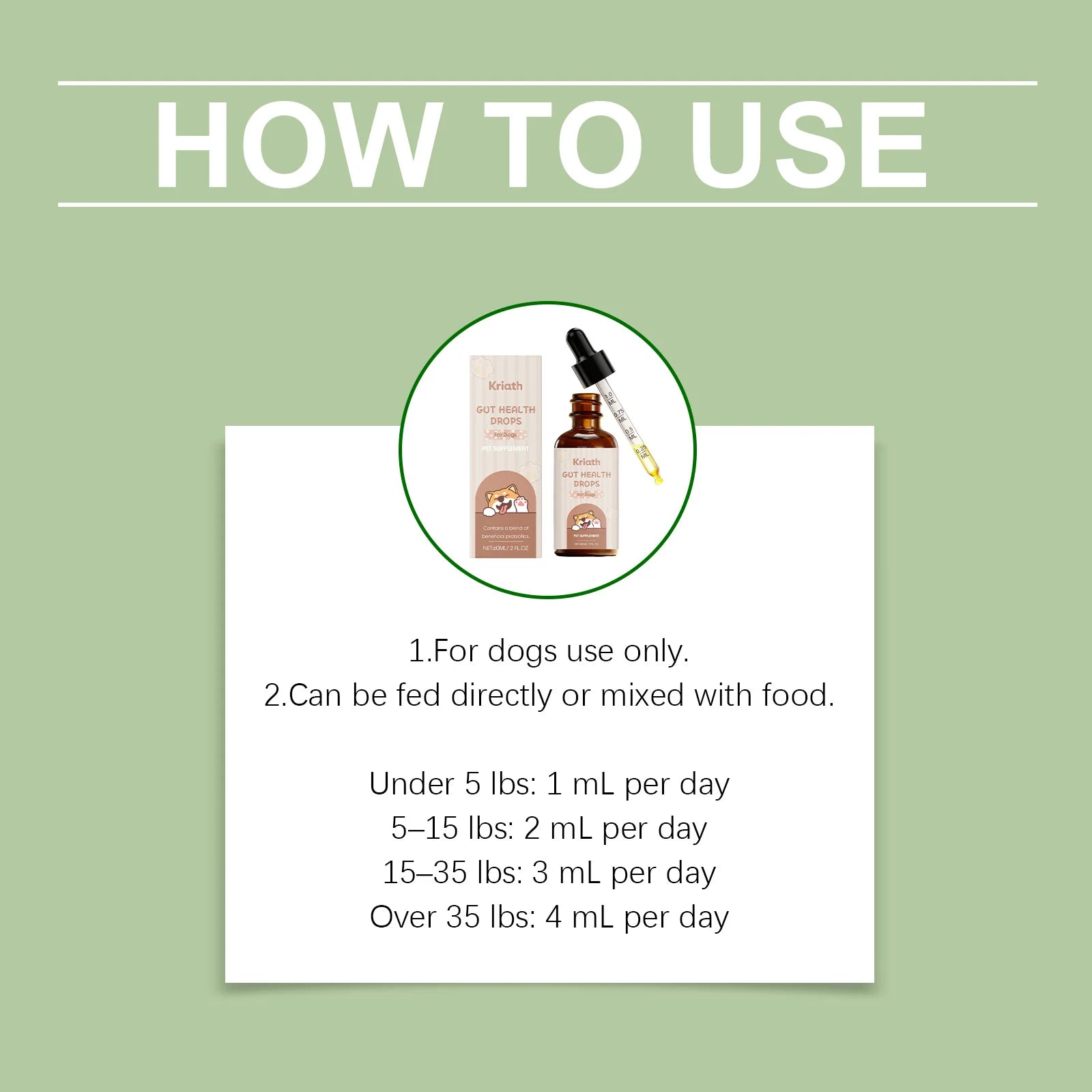 Usage instructions for dog gut health supplement drops, shown with bottle, box, and dropper on a green background.