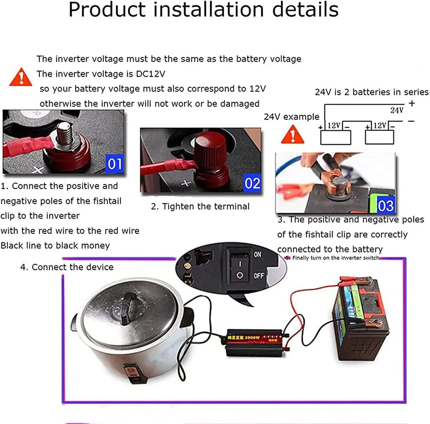 Installation guide for a black 12V to 220V power inverter, showing terminal connections and appliance setup.
