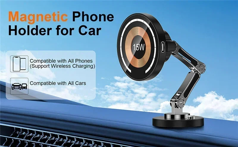 Black magnetic car phone holder with an adjustable arm and 15W wireless charging pad, mounted on a blue dashboard.