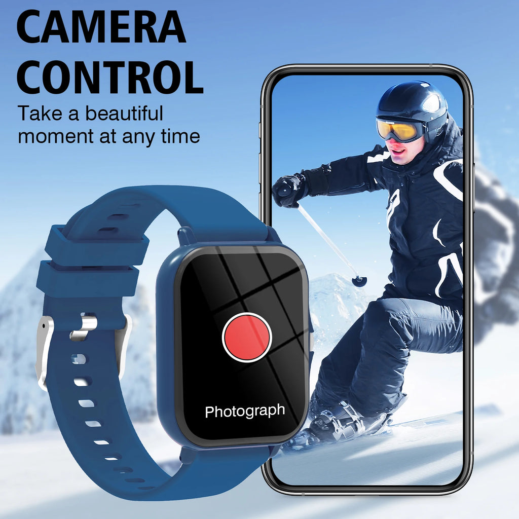 Blue smartwatch with a touch screen displaying a camera remote shutter button, positioned next to a smartphone.