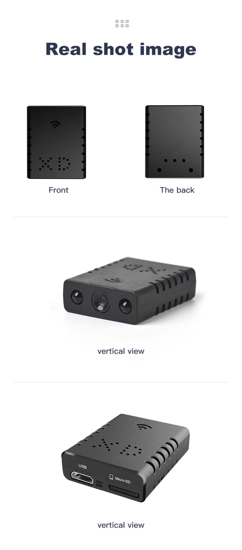 Small black plastic security camera with a lens, USB port, and micro-SD card slot shown from multiple angles.