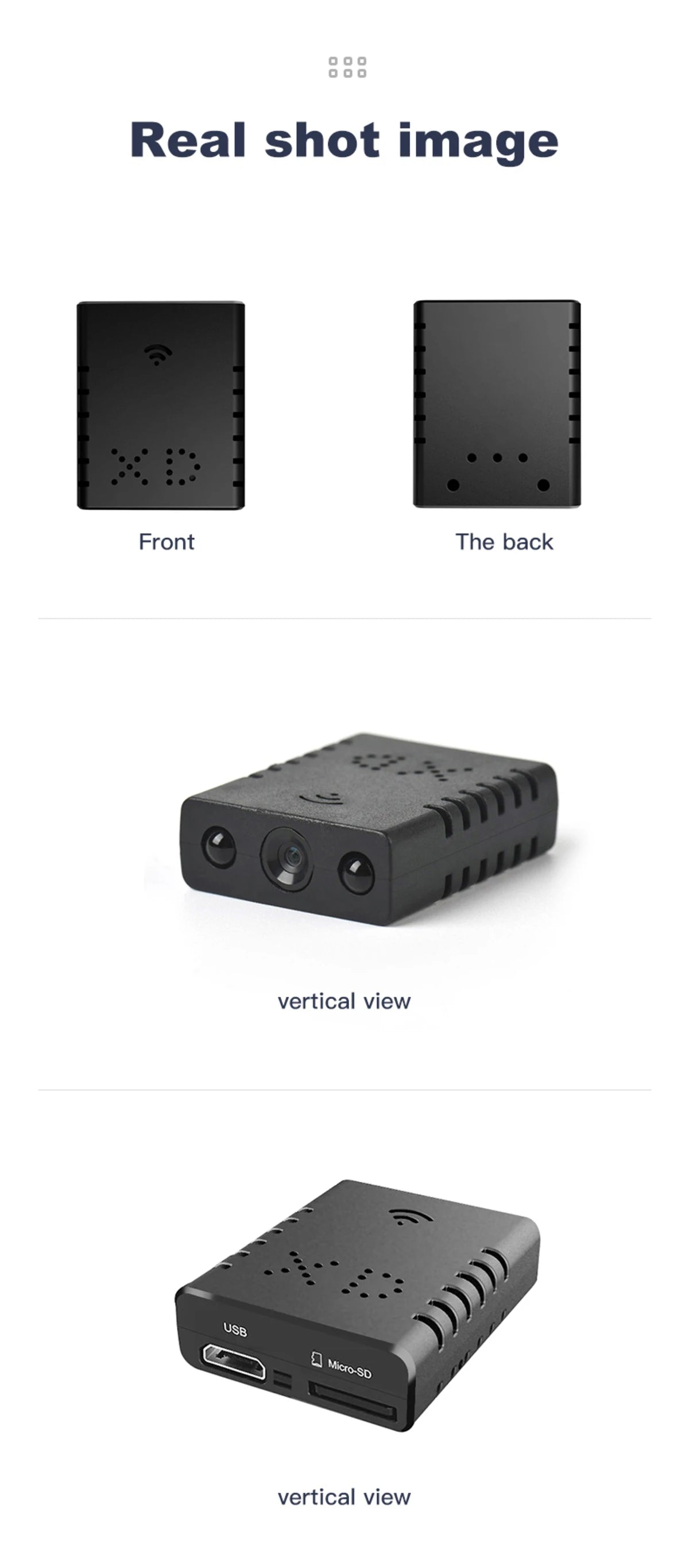 Small black plastic security camera with a lens, USB port, and micro-SD card slot shown from multiple angles.