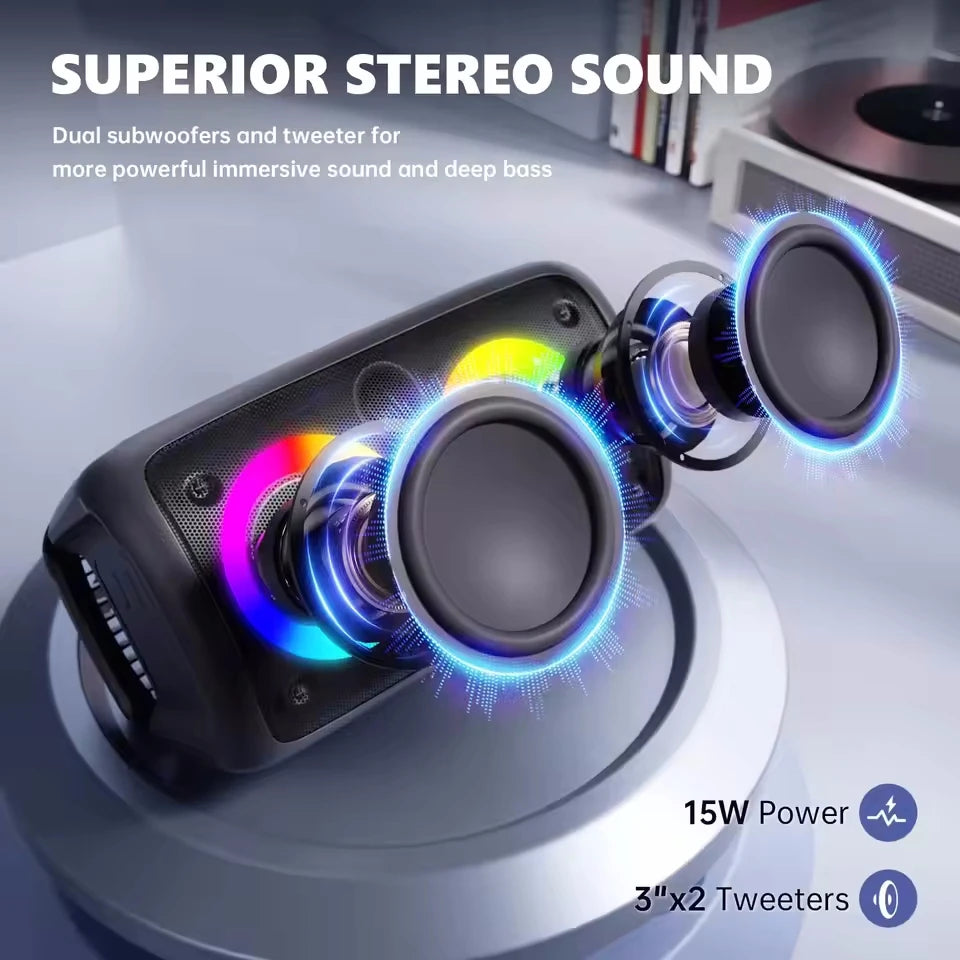 Portable black Bluetooth karaoke speaker with multicoloured LED lights, showcasing internal dual subwoofers and tweeters.