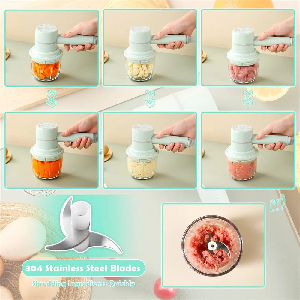 Portable mint-green handheld electric food chopper with stainless steel blades, shown chopping various ingredients.