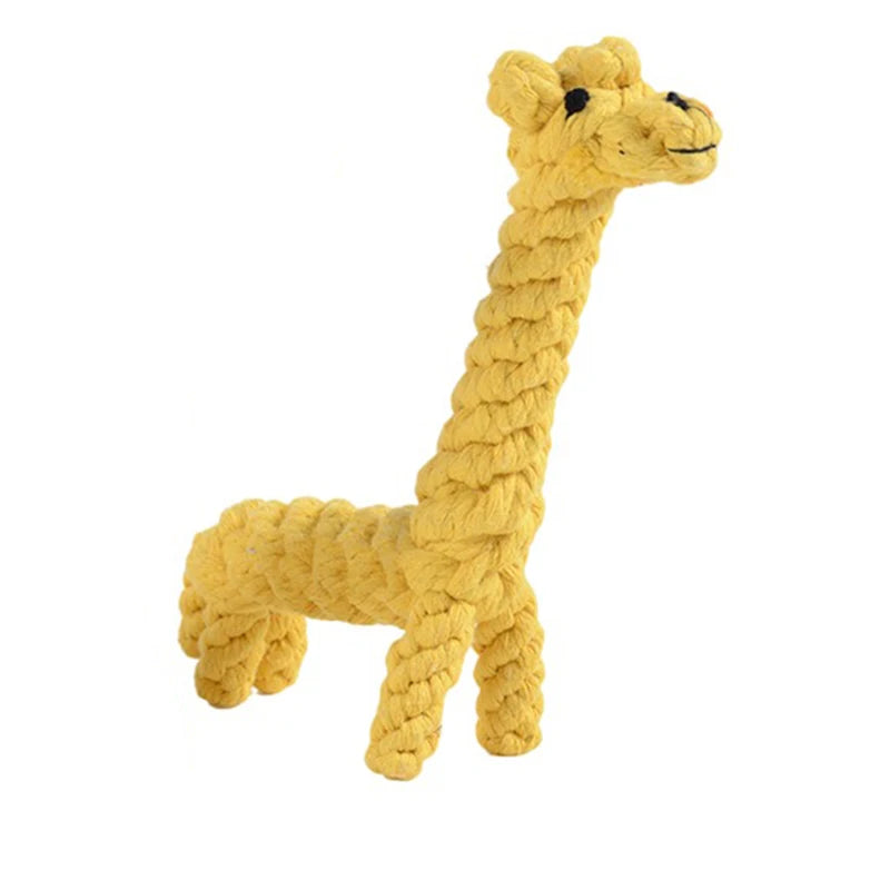 Yellow giraffe-shaped dog toy made from durable twisted rope for teeth cleaning.
