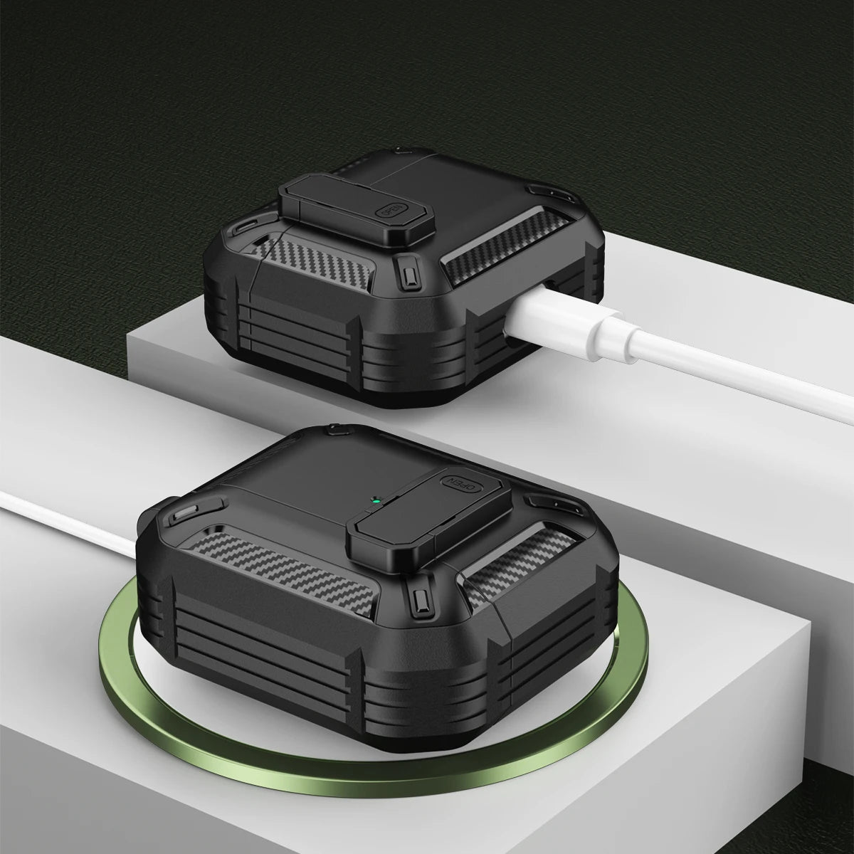 Rugged black carbon-fibre style protective case for AirPods, showing wired and wireless charging.