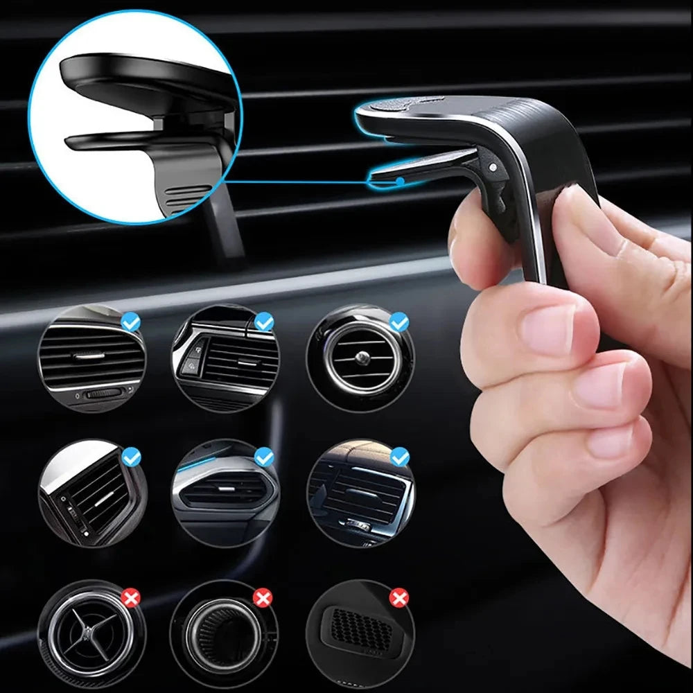 Black car air vent clip with a curved, sleek design, shown being held and compatible with various vent types.