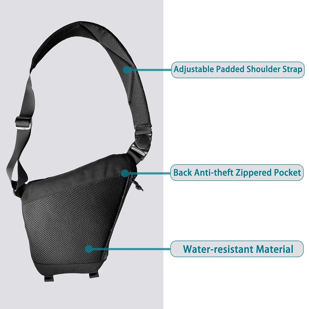 Black tactical sling bag with an adjustable padded strap, anti-theft zip pocket and water-resistant material.