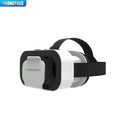 White and black smartphone VR headset with an adjustable head strap, shown from a side angle against a white background.