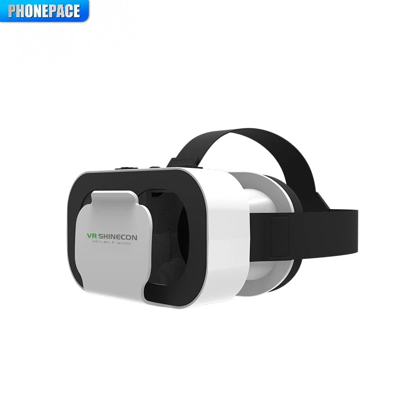 Black and white 3D virtual reality headset for smartphones with an adjustable elastic head strap.