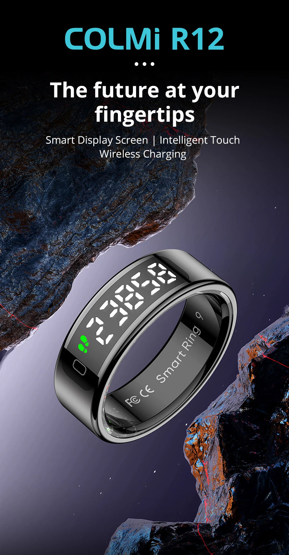 Sleek black smart ring with a digital display showing step count and health tracking features.