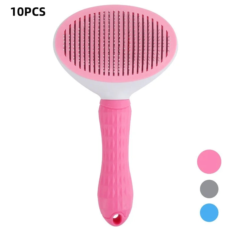 Pink and white pet grooming slicker brush with a textured handle and pin-bristle head.
