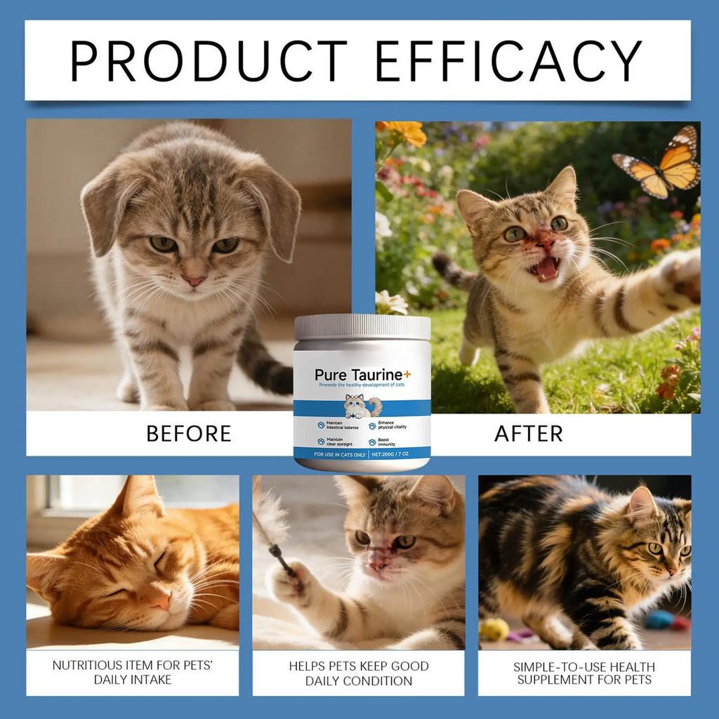 Cat health supplement tub, white with blue label, showing before and after photos of healthy, active cats.