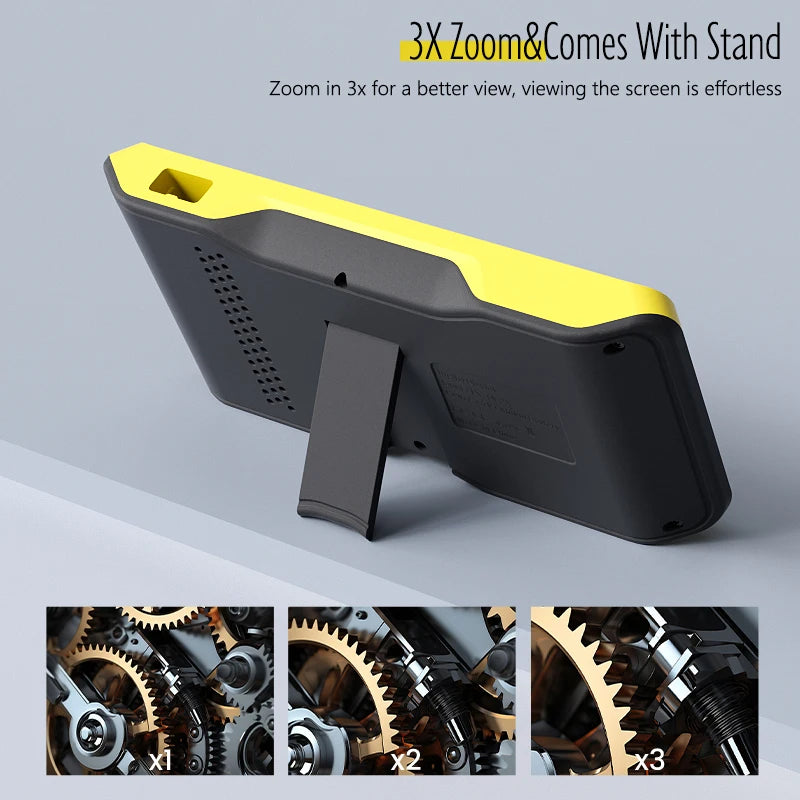 Yellow and black inspection camera with a built-in stand, showing 1x, 2x, and 3x zoom views of mechanical gears.