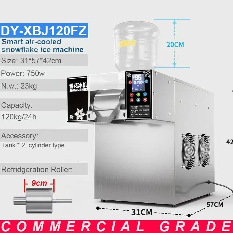 Stainless steel commercial snowflake ice machine with digital control panel, top water tank, and dual cooling fans.