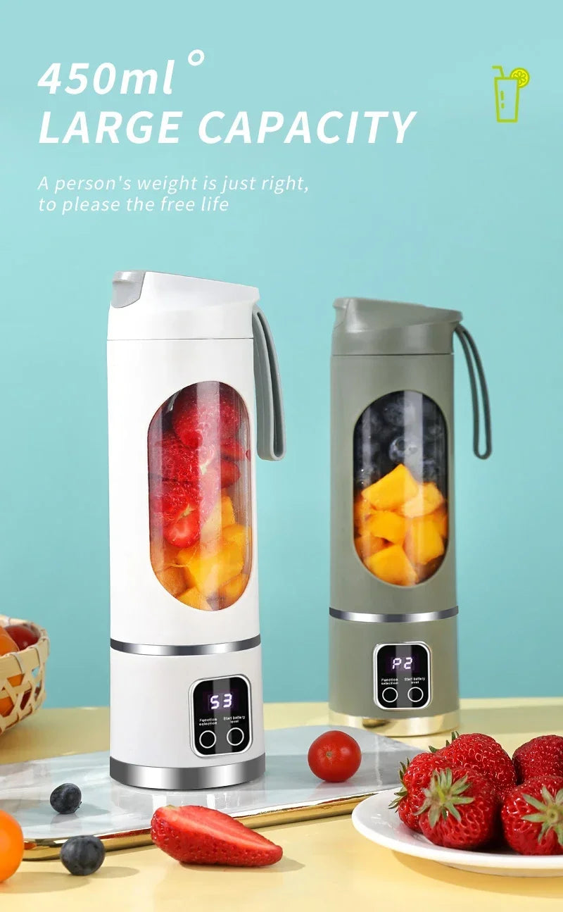 Two 450ml portable electric blenders in white and green with clear viewing windows and digital displays for fruit drinks.