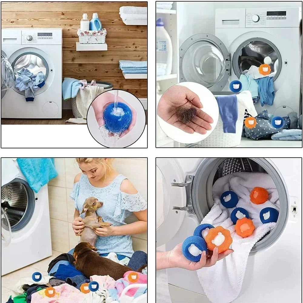 Blue and orange laundry pet hair remover balls for use in washing machines to collect lint and fur.