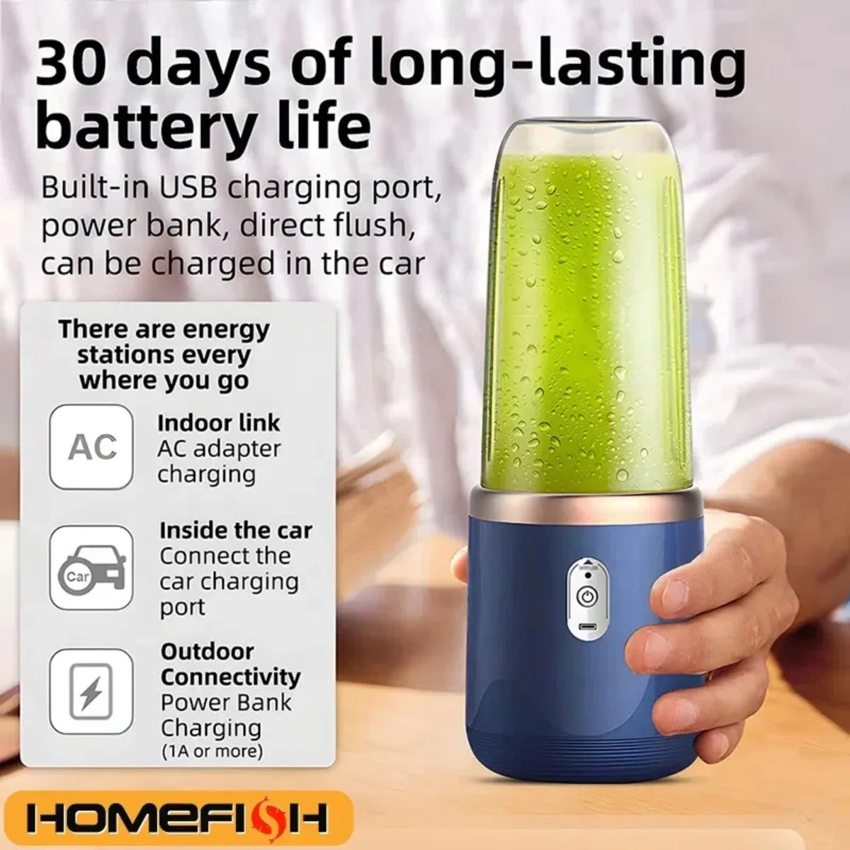 A portable, blue rechargeable blender holding a green smoothie, shown with text explaining its USB charging features.