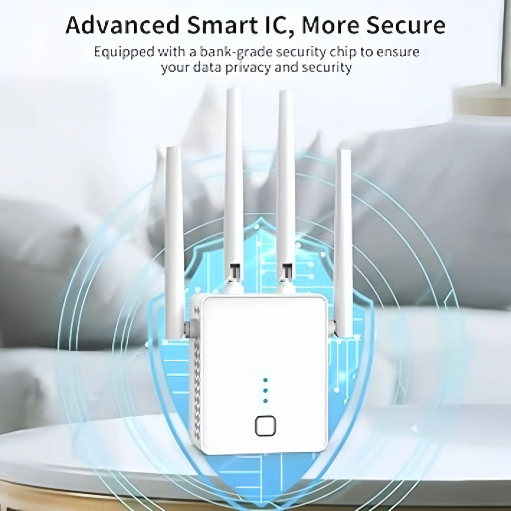 White dual-band WiFi range extender with four antennas, featuring a glowing blue shield security graphic.
