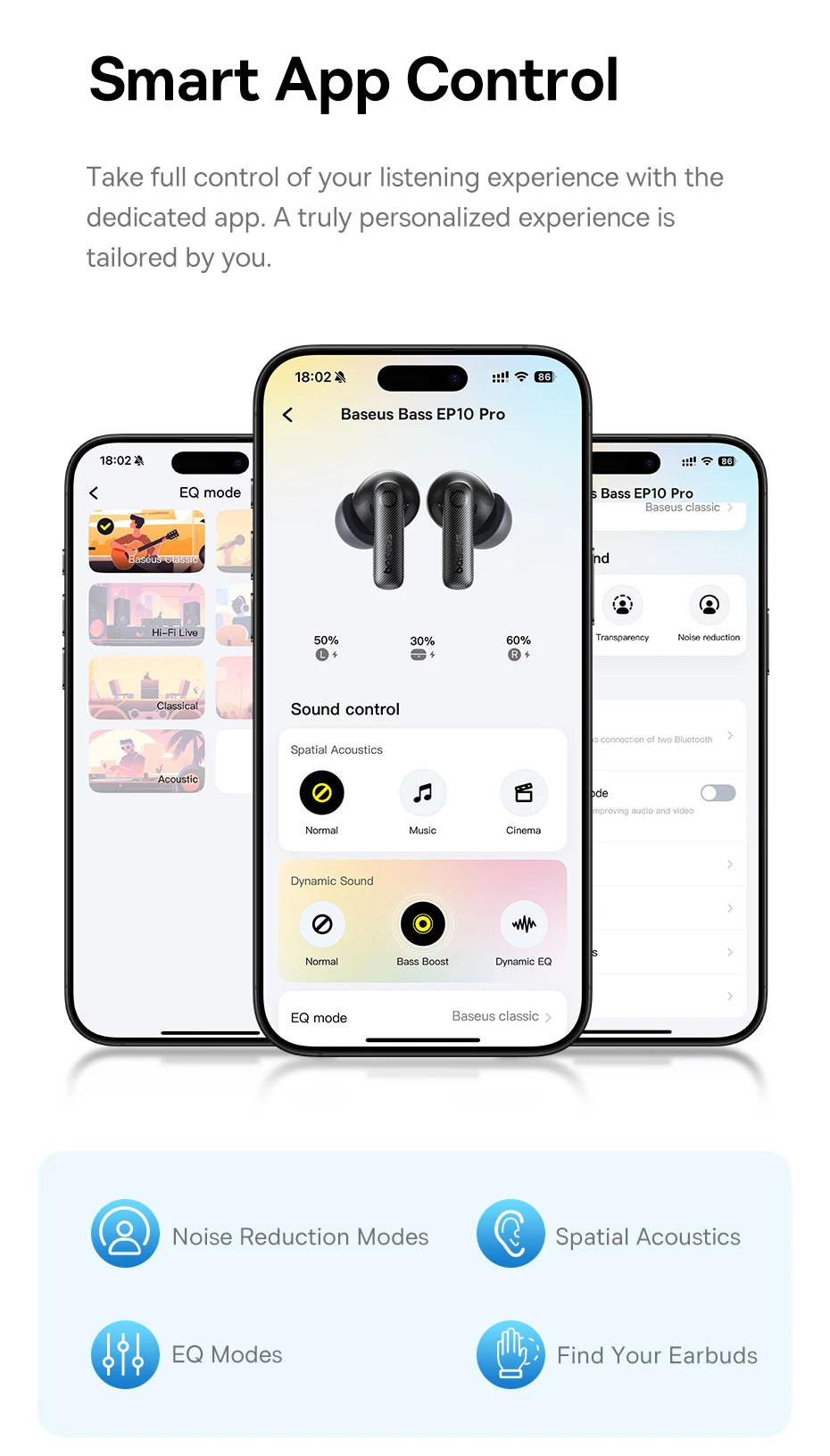 Three smartphones showing a sleek dark grey wireless earbud control app with EQ settings and sound modes.