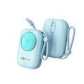 Light blue portable power bank with built-in cables, carry strap, and a digital LED display showing a smiley face.