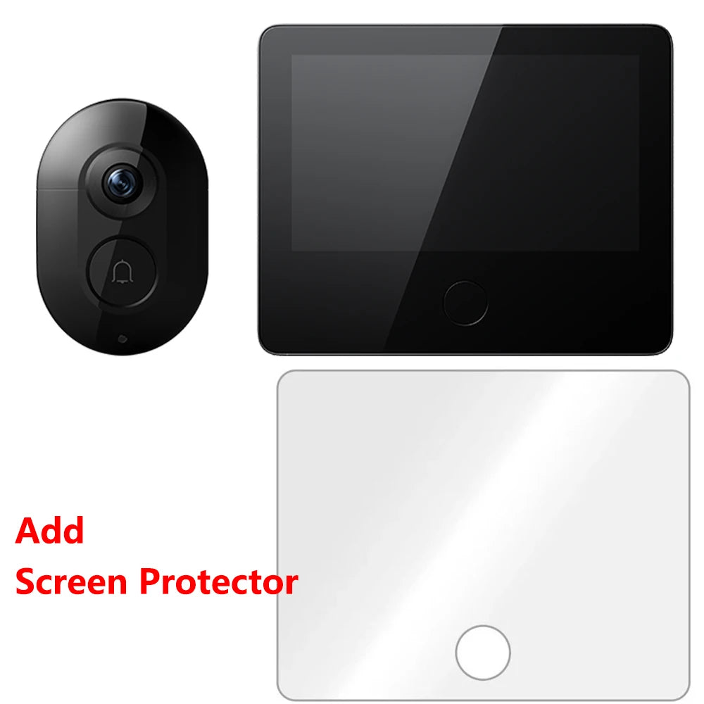Black smart video doorbell with a 5-inch HD display, night vision camera, and a clear screen protector included.