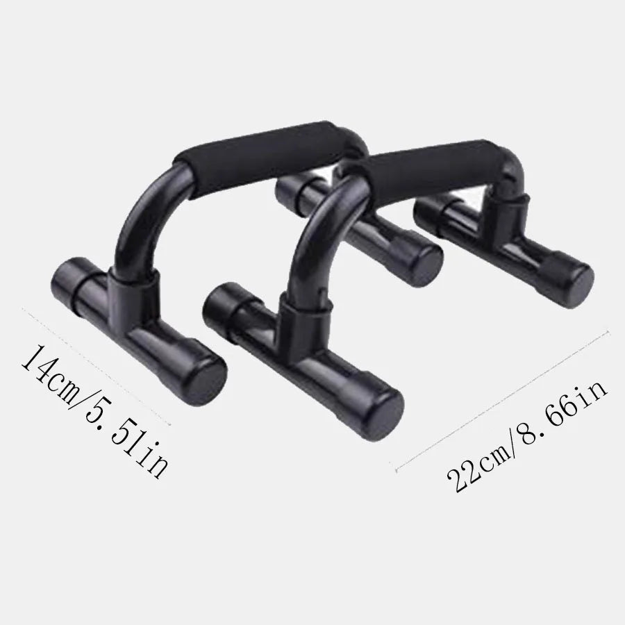 A pair of black, ergonomic push-up bars featuring soft foam grips for comfortable strength training at home.
