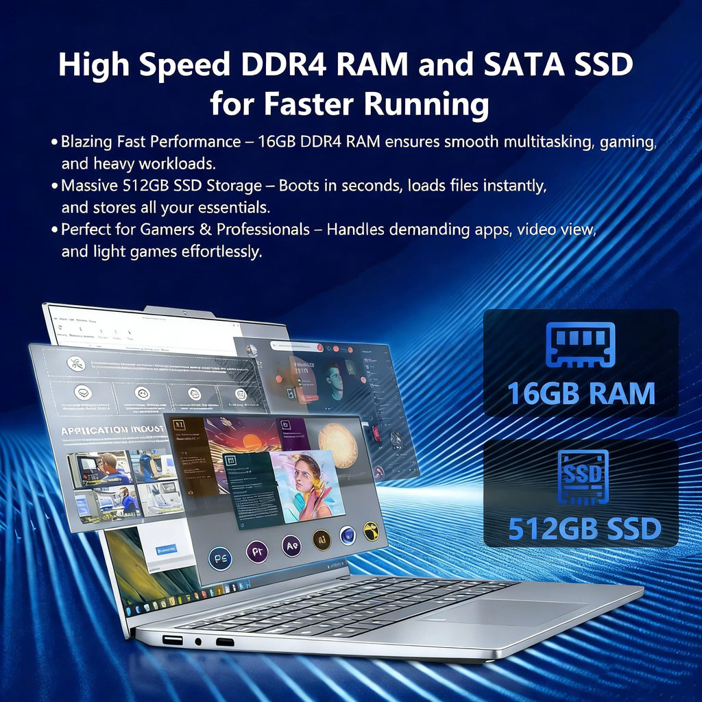 Silver 15-inch laptop featuring 16GB RAM and fast SSD storage for high-performance multitasking on a blue background.