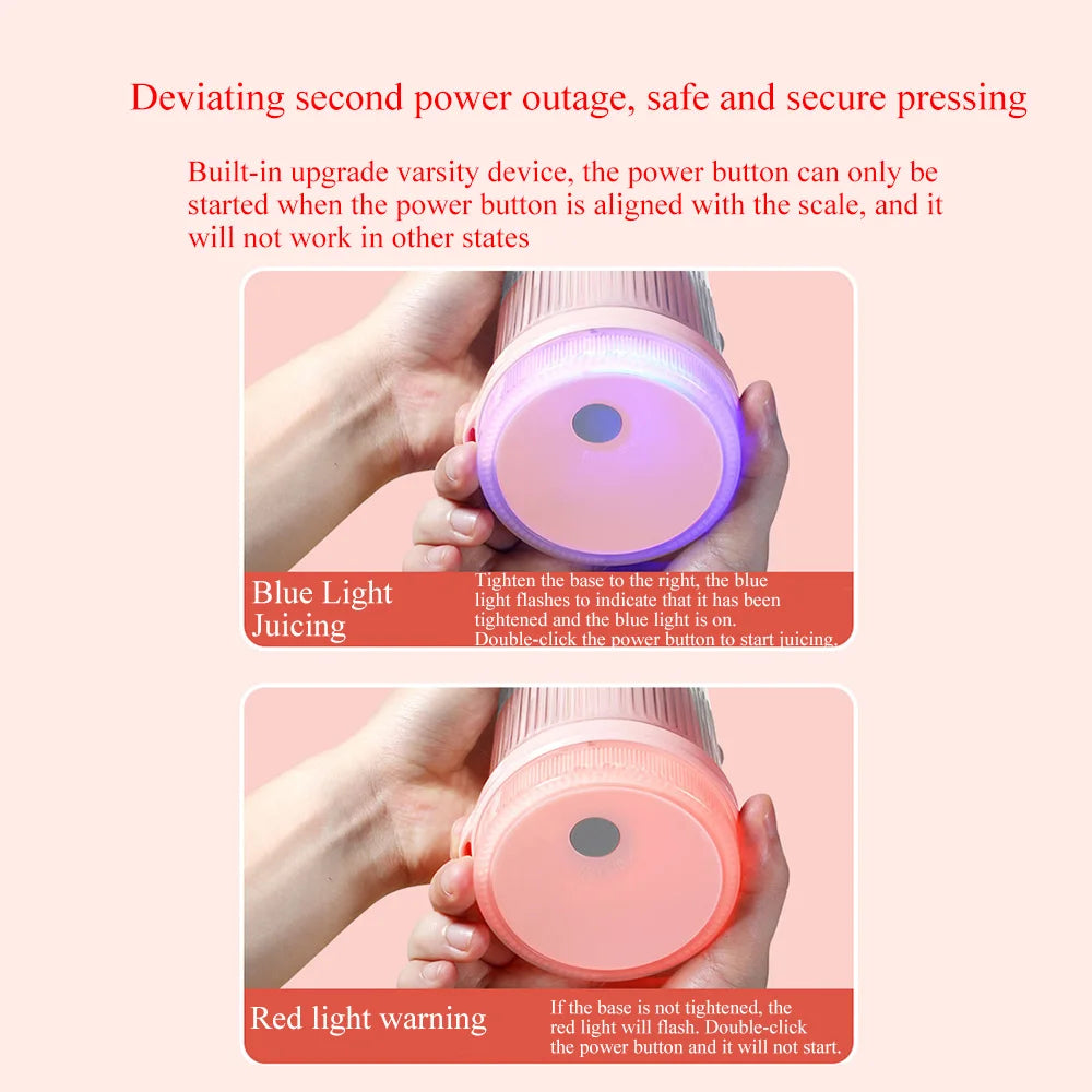 Portable pink blender cup showing blue light for active juicing and red light warning when the base is loose.