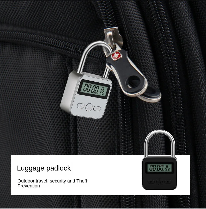 Silver metal digital timer padlock with an LCD screen, secured on a black fabric luggage zipper.