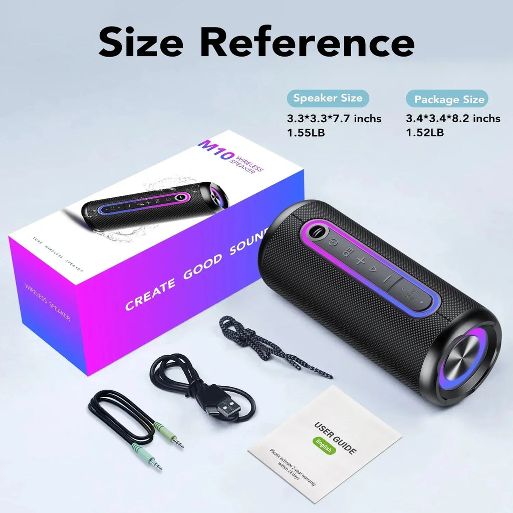 Black portable Bluetooth speaker with vibrant LED light ring, control buttons, charging cable, and box packaging.