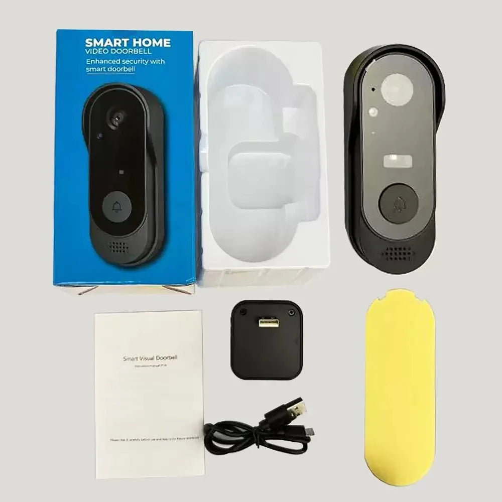 Black wireless video doorbell kit with night vision, including charging cable, mounting plate, and manual.