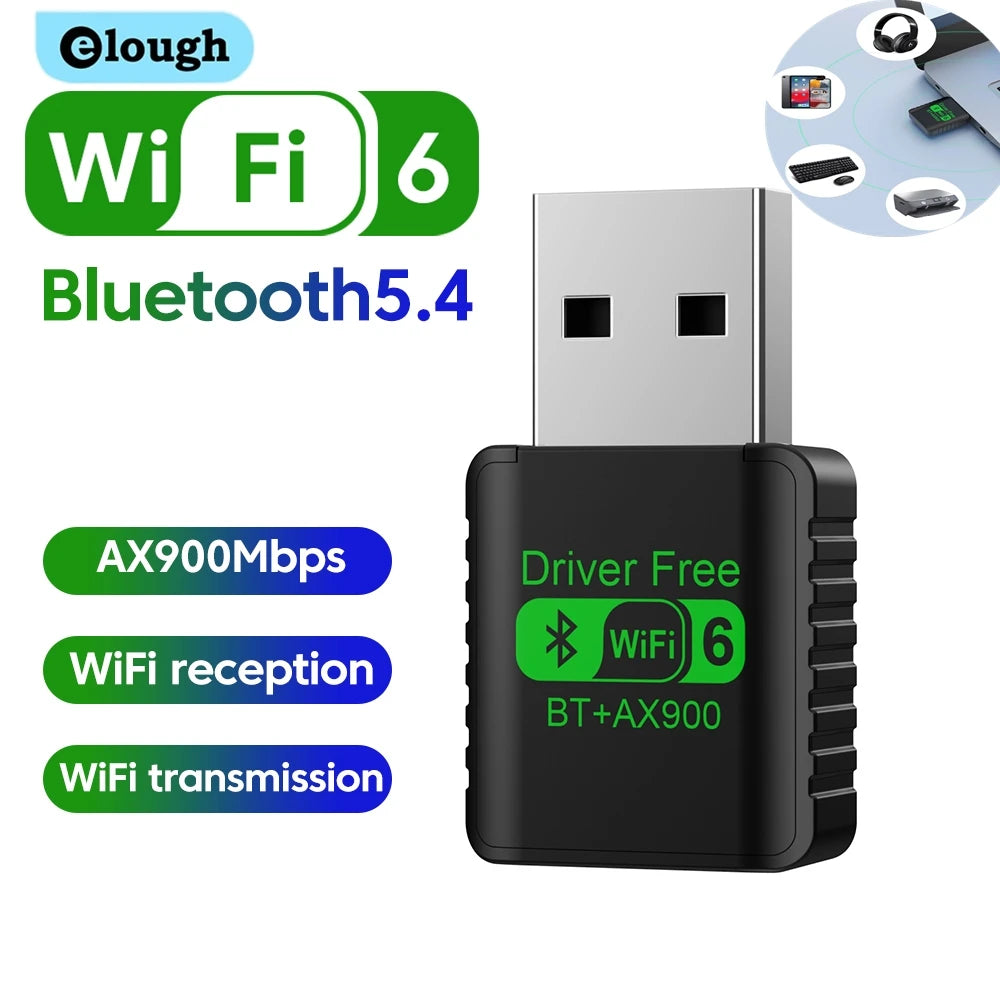 Small black USB WiFi 6 and Bluetooth 5.4 adapter with a compact, modern design. Supports AX900 speeds, plug-and-play.