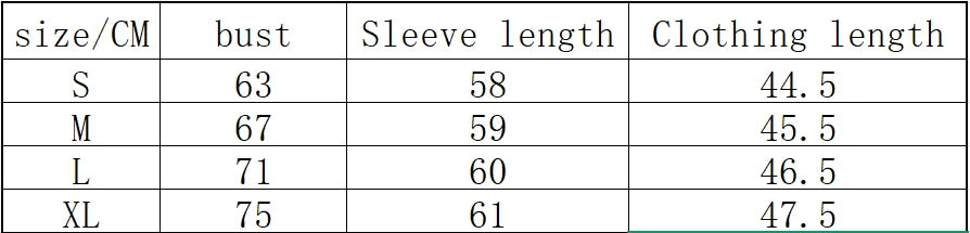 Size chart showing garment measurements in cm for bust, sleeve length, and clothing length across sizes S to XL.