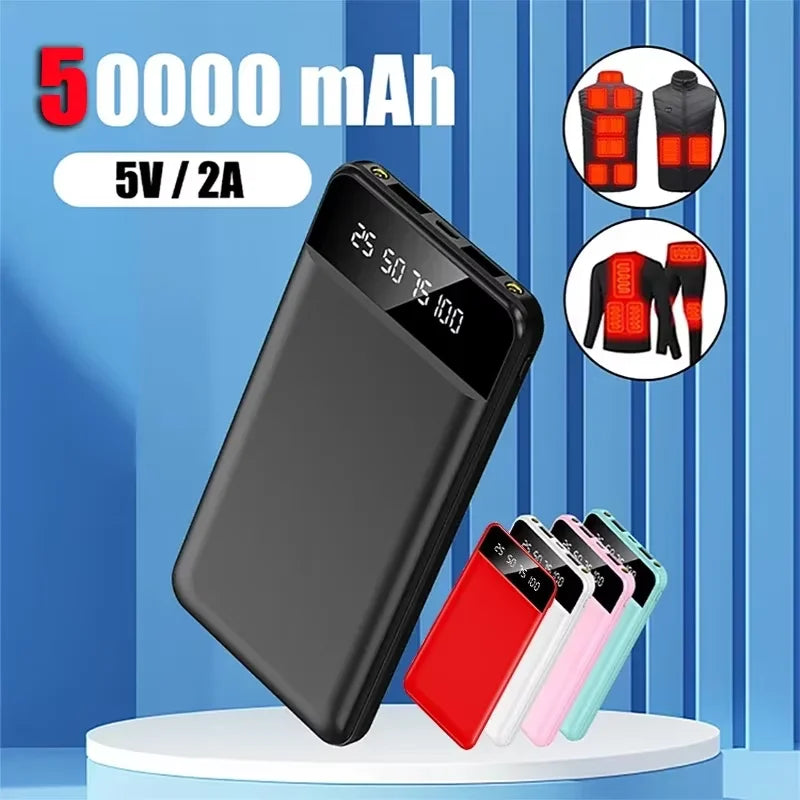 Black 50,000mAh power bank with LED percentage display, shown with colour options and heated clothing icons.