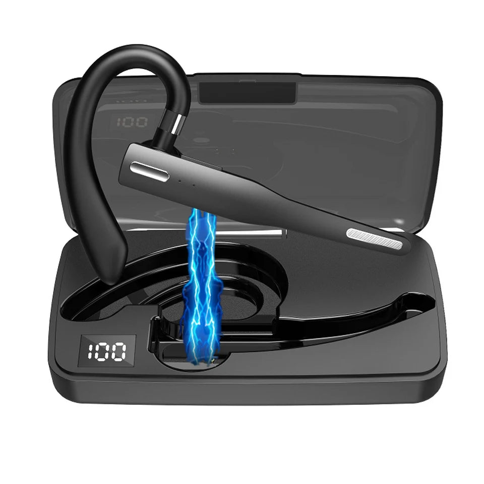Black wireless Bluetooth ear hook headset with active noise-cancellation in a charging case featuring a digital display.