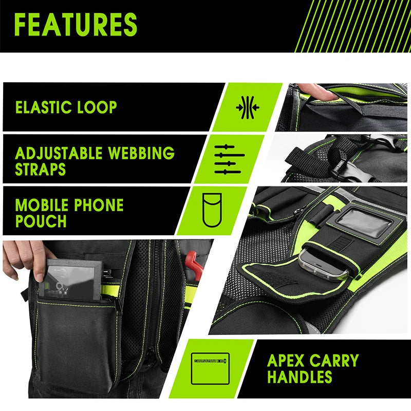 Black heavy-duty tool vest featuring lime green accents, elastic loops, adjustable straps, phone pouch and carry handles.