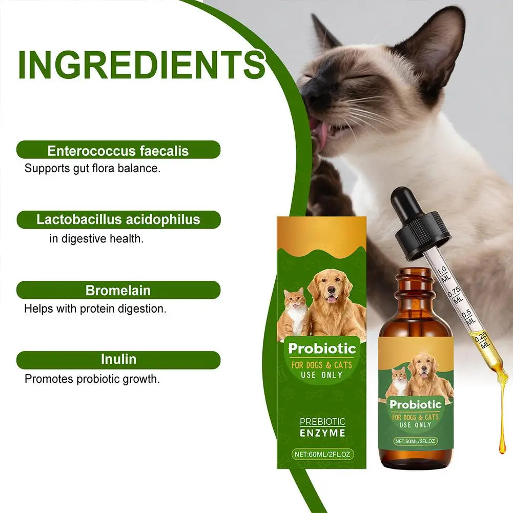 Amber glass bottle of probiotic liquid for dogs and cats with a calibrated dropper and ingredient list information.