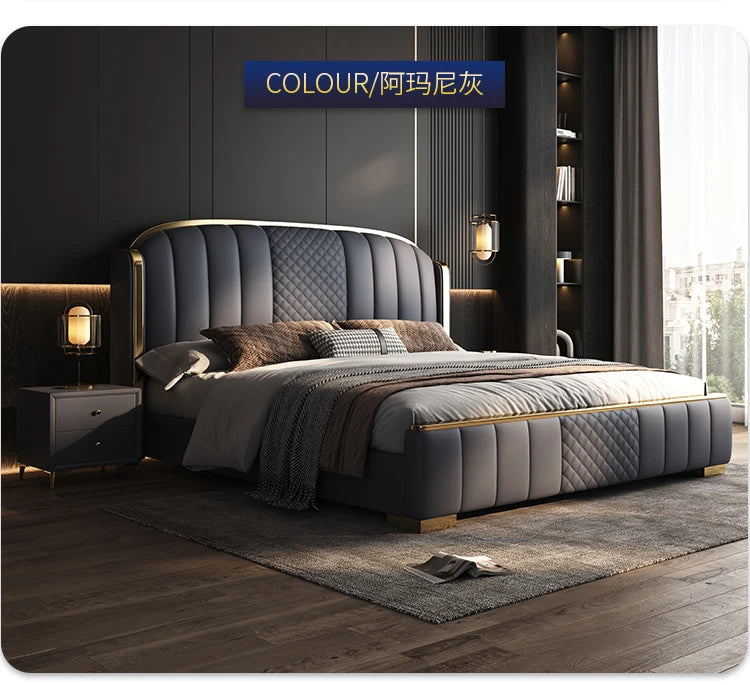 Minimalist charcoal grey bed frame with gold trim, featuring a quilted upholstered headboard and base.